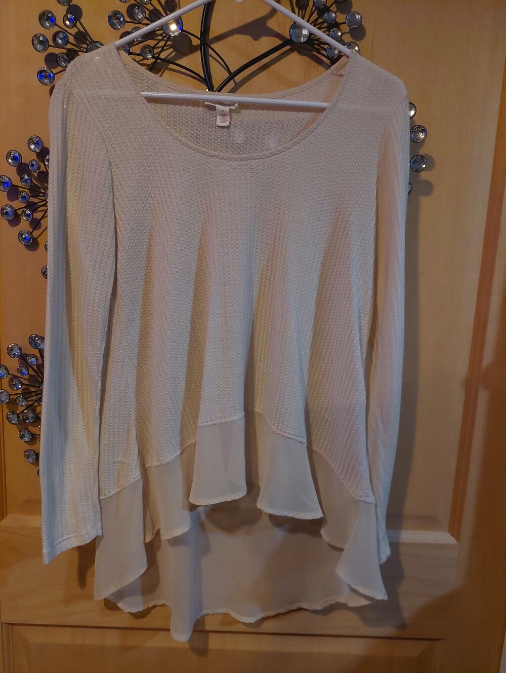 Sun & Shadow Cream Layered Knit & Chiffon Long Sleeve Top